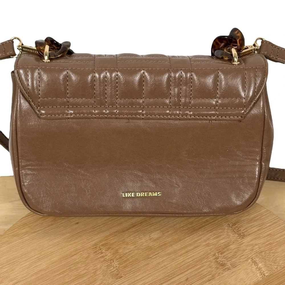 Like Dreams Taupe Quilted Shoulder Bag with Tortoise Chain & Detachable Strap